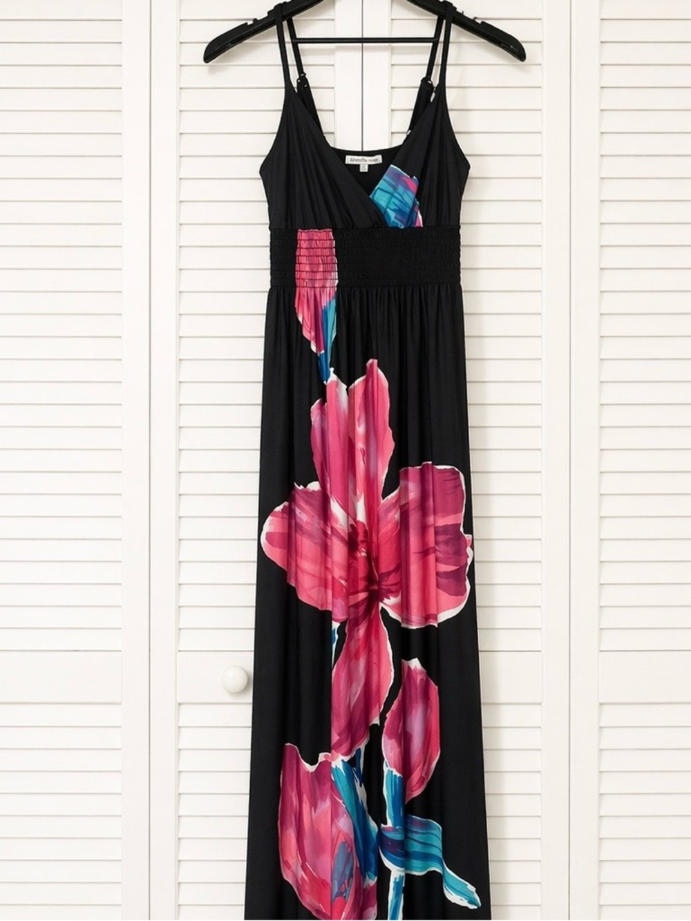Black Maxi Dress with Bold Pink Floral Print